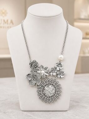 Elegant Silver Floral Statement Necklace with Pearl Accent